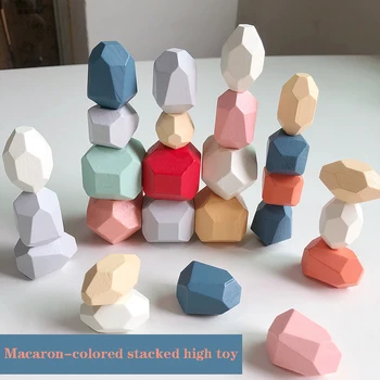 16 sztuk dla dzieci, drewniany kolorowy kamień Jenga Building Block edukacyjna zabawka Nordic style stone shape stacked toy prezenty chłopiec dziewczynka