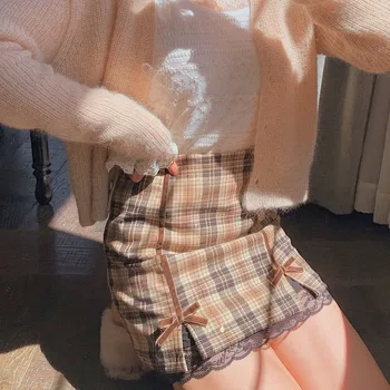Spódnice kobiety artystyczny projekt Mody cebula Ins Wiosna All-match Vintage Plaid Lace Mini Ulzzang Empire French Style Female