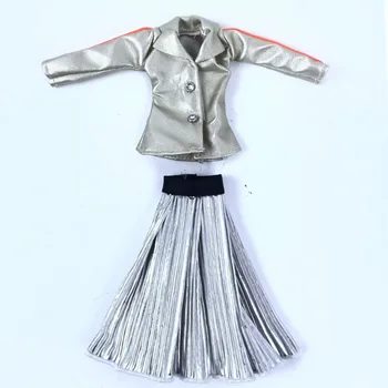 Srebrny płaszcz i srebrna spódnica Plisowana moda lalka ubrania dla lalki Barbie stroje zestaw do 1/6 lalka akcesoria i zabawki dla dzieci
