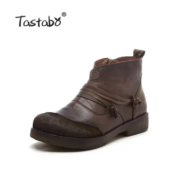 Tastabo skóra naturalna ręcznie robione buty z miękkim dnem buty retro stylu casual damskie buty czarny brązowy S518-1 Zamek błyskawiczny płaska